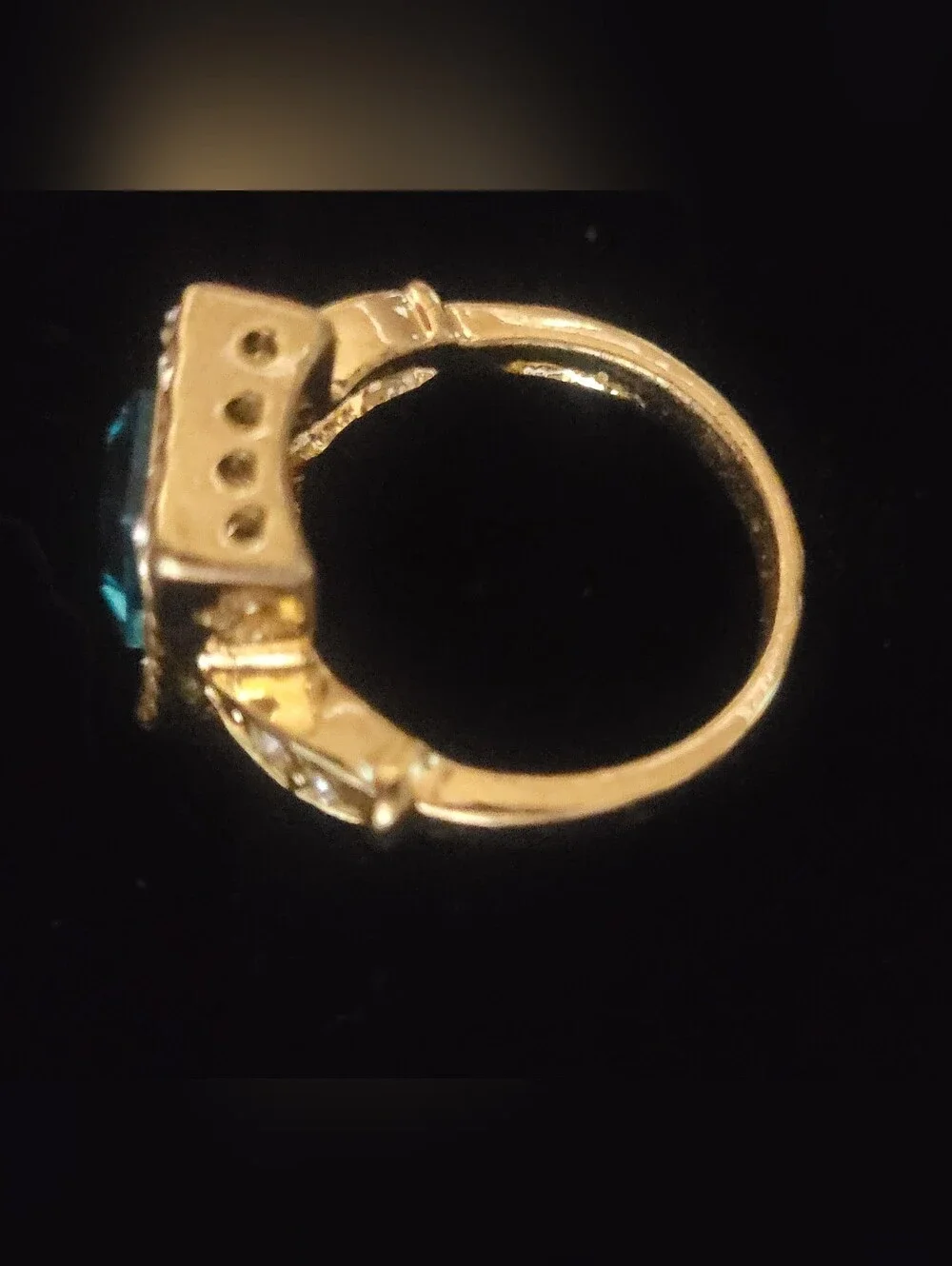 Blue Topaz Color Statement Ring Rectangular Halo Gold Tone Sz 7